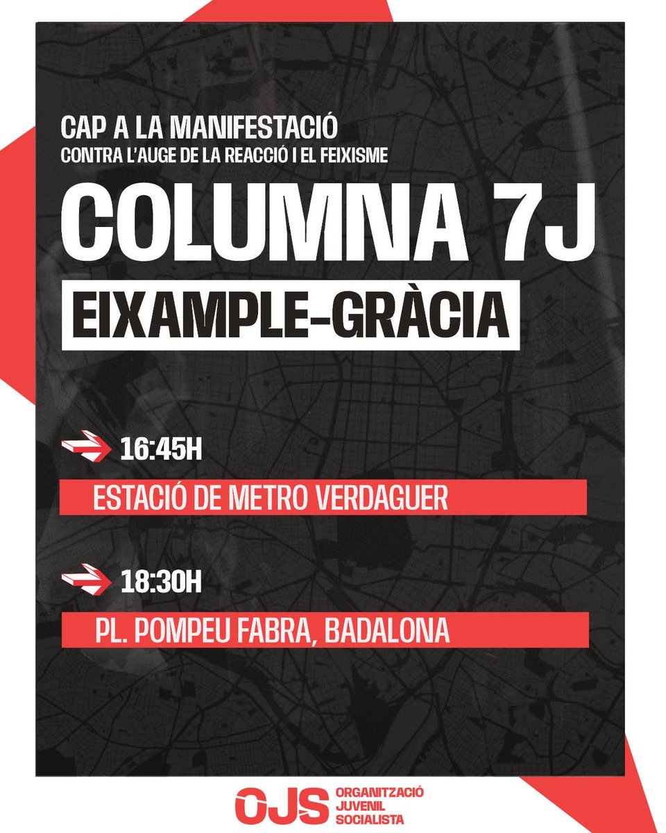 Anem juntes a la manifestació del 7J‼️

Des de l’OJS Eixample i Gràcia farem una columna, amb punt de trobada a l’estació de Verdaguer, per anar plegades cap a Badalona. 

Ens veiem dissabte a les 16:45h🗣️
#7JLluita