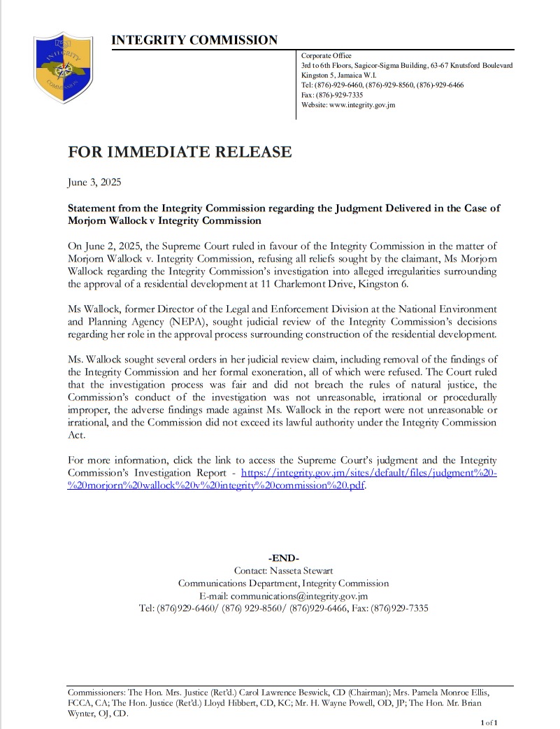 The Integrity Commission has issued an official statement following the judgment in the case of Morjorn Wallock v Integrity Commission. #ICForIntegrity   #Transparency