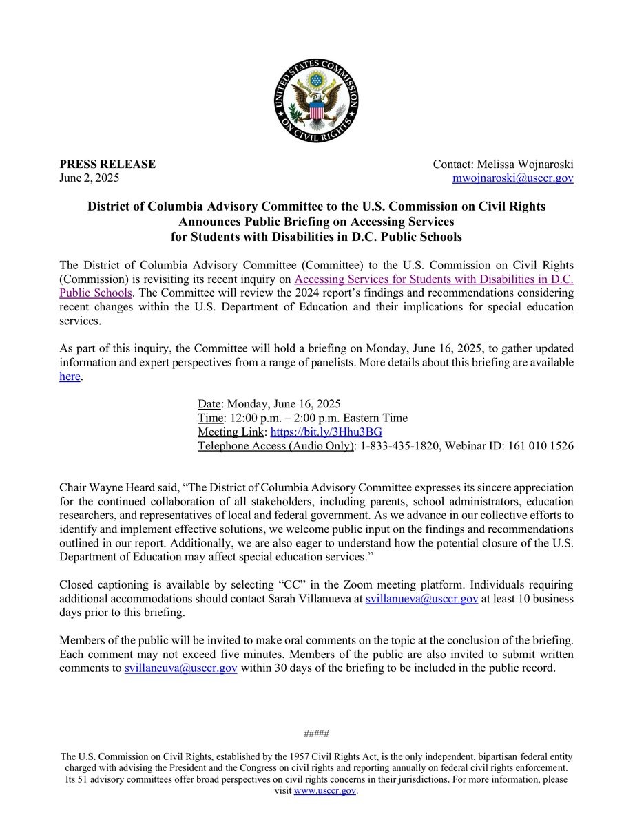 The #DC Advisory Committee will hold a public briefing to revisit its recent inquiry on Accessing Services for Students with Disabilities in D.C. Public Schools. The Committee will review the 2024 report’s findings and recommendations.

For more info: lp.constantcontactpages.com/cu/t2YY0Fl/DCA…