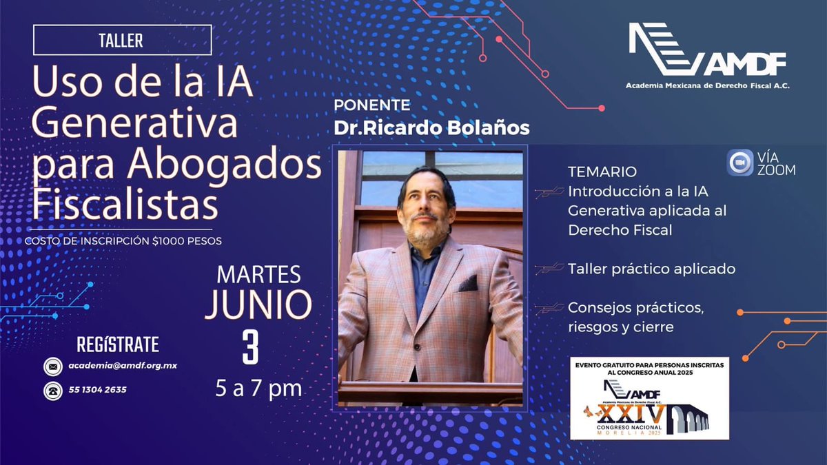 Capítulo Occidente INCAM, A.C. (@incamoccidente) on Twitter photo Los invitamos a participar en el taller "Uso de la IA Generativa para Abogados Fiscalistas", como bonus de inscripción al Congreso de la Academia Mexicana de Derecho Fiscal.
Fecha: Hoy, a las 5:00pm
Mayor información: 5513042635 academia@amdf.org.mx Los invitamos a participar en el taller "Uso de la IA Generativa para Abogados Fiscalistas", como bonus de inscripción al Congreso de la Academia Mexicana de Derecho Fiscal.
Fecha: Hoy, a las 5:00pm
Mayor información: 5513042635 academia@amdf.org.mx