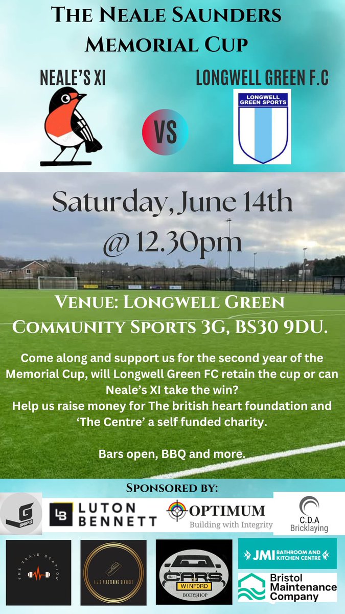 𝐒𝐚𝐭 𝟏4𝐭𝐡 𝐉𝐮𝐧𝐞 - 𝐂𝐡𝐚𝐫𝐢𝐭𝐲 𝐟𝐨𝐨𝐭𝐛𝐚𝐥𝐥 𝐌𝐚𝐭𝐜𝐡 

Kicking off at 12:30pm at Longwell Green Community Sports 3G -Shellards Road.