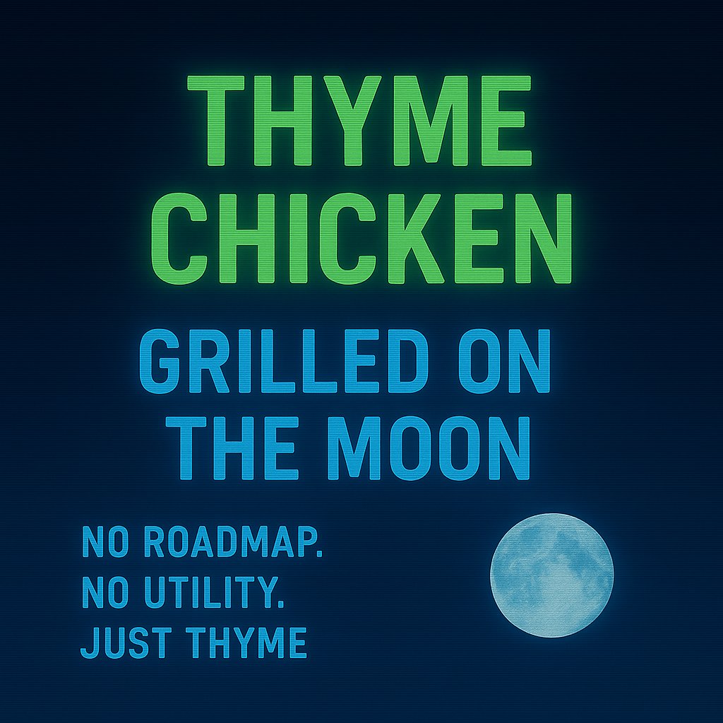 thymechick55502's tweet photo. Crypto bros arguing about utility
Meanwhile on the Moon:
 Ssssssshh 🍗🔥
Just thyme.
Just madness.
"No dev. No team. Just 2 aliens, a chicken, and pure delusion."
"NASA: 'They’re mining?' Us: Grilling thighs on the Moon."
"We didn’t come to work."
#ThymeChicken https://t.co/BEJJCiGf1O