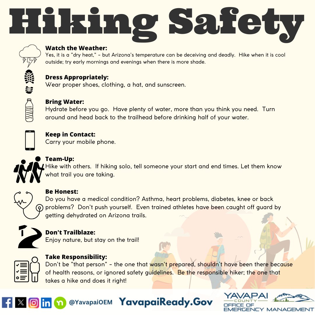 YavapaiOEM's tweet image. Hiking in Arizona? Be prepared! ☀️💧 Check weather, bring water, and tell someone your plans. Learn more: YavapaiReady.gov #HikeSmart #MonsoonPreparedness #YavapaiReady #AZHikingSafety #TurnAroundDontDrown #YavapaiCounty