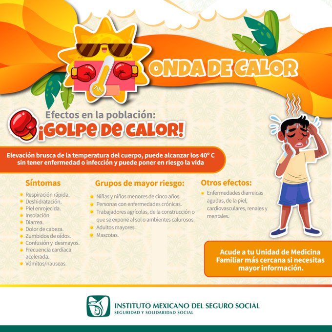 Onda de calor 🥵 | Periodo inusualmente caliente, seco o húmedo, de día o de noche, que se inicia y termina de forma abrupta.

☀️ Te compartimos sus características, efectos en la población y prevención.