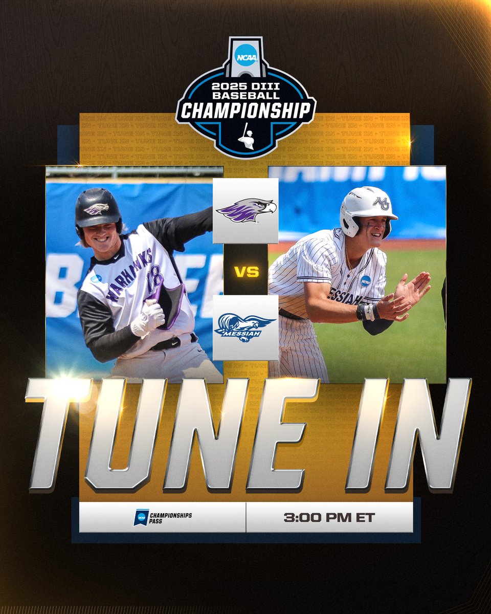 NCAA Division III (@ncaadiii) on Twitter photo ‼️TUNE IN, IT'S TIME FOR A CHAMPIONSHIP‼️
<a href="/UWWAthletics/">Warhawk Athletics</a>
🆚
<a href="/MessiahSports/">Messiah Athletics</a>
📺📊 on.ncaa.com/25D3BSBC1
#WhyD3 | #D3baseball ‼️TUNE IN, IT'S TIME FOR A CHAMPIONSHIP‼️
<a href="/UWWAthletics/">Warhawk Athletics</a>
🆚
<a href="/MessiahSports/">Messiah Athletics</a>
📺📊 on.ncaa.com/25D3BSBC1
#WhyD3 | #D3baseball