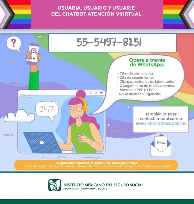 🗨️ ¡Conoce el #ChatVIHrtualIMSS!

Recibe orientación sobre tratamiento para el #VIH y prevención, como el uso de #PrEP.

💬 Infórmate de forma segura y confidencial.