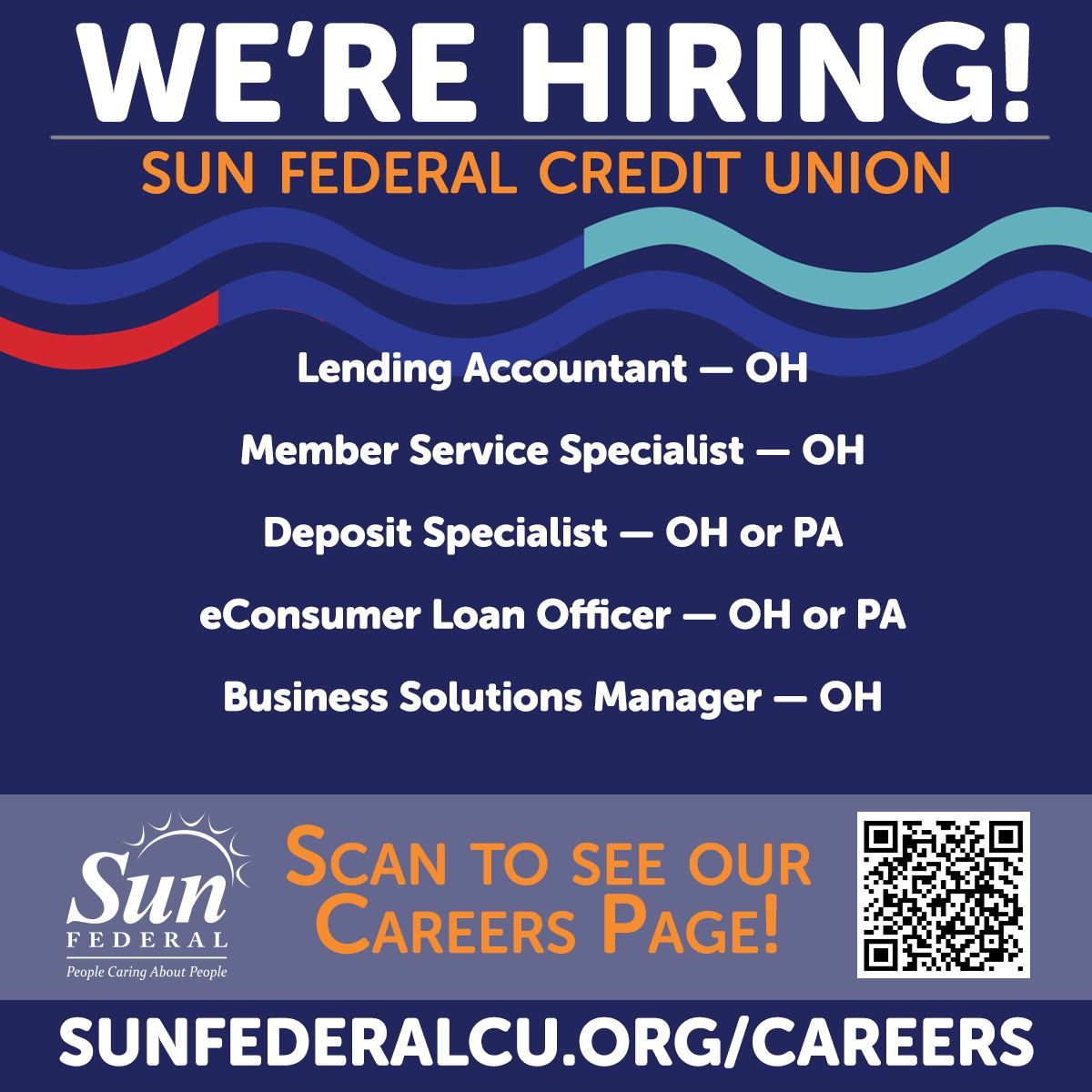 We're looking for a few more exceptional people to join our team! Learn more about us or apply by visiting our website at sunfederalcu.org/resources/care… or by calling 800.786.0945! #careers #nowhiring #hiring