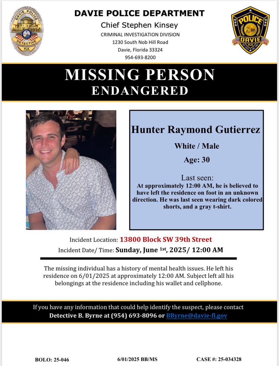 Have you seen Hunter?? Contact the Davie Police Department if you know anything about his whereabouts!