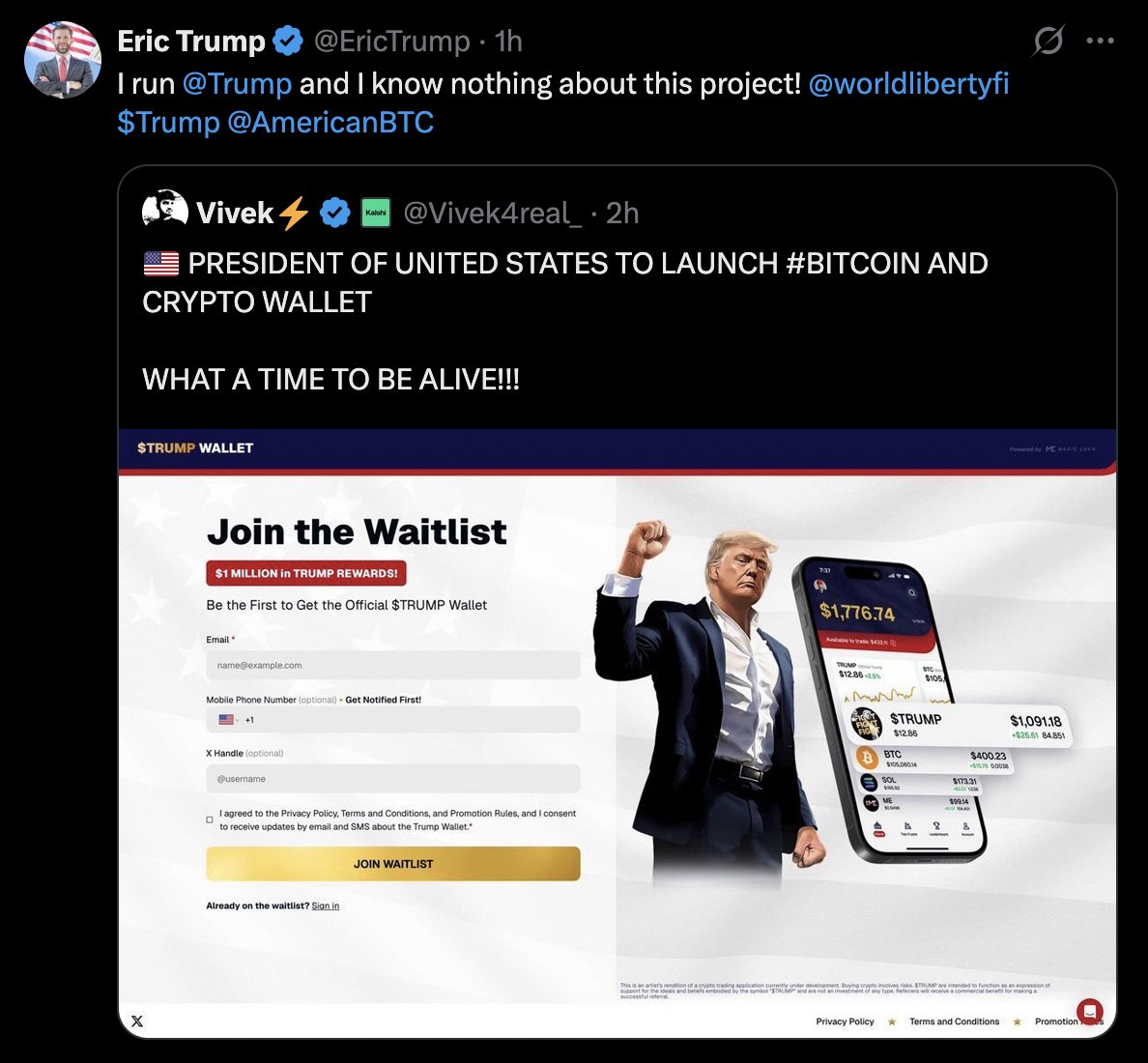 JUST IN: Eric & Donald Trump Jr. deny any link to the “Trump Wallet.” The Trump Organization isn’t involved; the only official project is World Liberty Financial. A Trump-branded wallet surfaced earlier today, raising legitimacy concerns.
