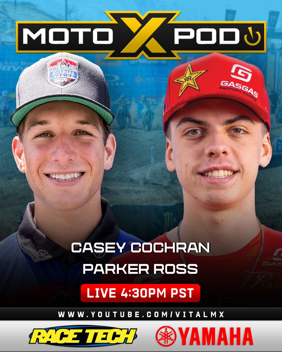 MOTOXP0D's tweet image. Tonight we have Casey Cochran & Parker Ross live at 430Pac/730Eastern on the Vitalmx YouTube channel. Thx to @racetechsuspen @YamahaRacingcom
@xbrandgoggles @fxrmoto @guts_racing_inc @Evanscooling @proxracingparts @tboltusa @etsracingfuels