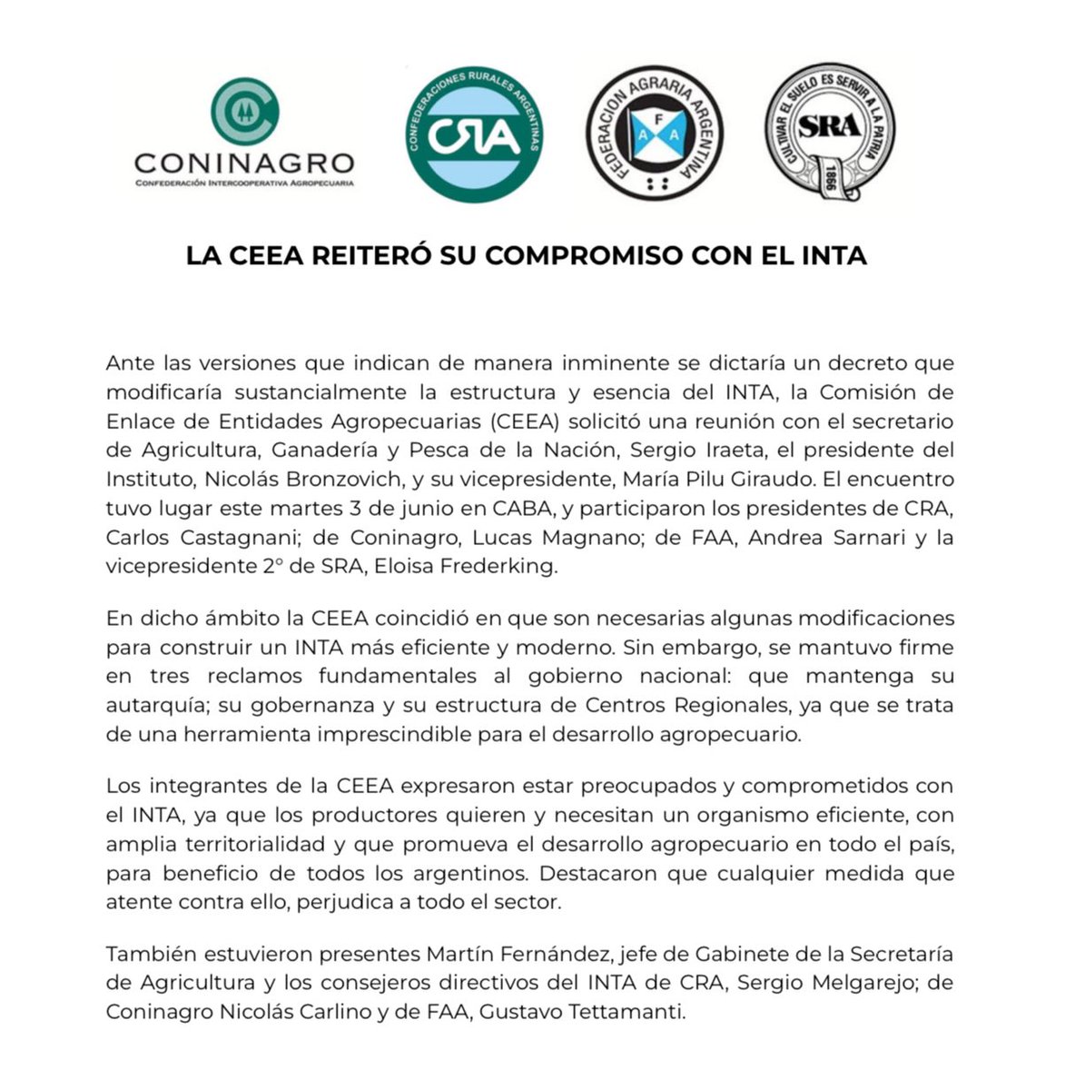 CONINAGRO's tweet photo. 🚨La Comisión de Enlace de Entidades Agropecuarias reitera su compromiso con el @intaargentina. 🇦🇷📄

@CRAprensa @fedeagraria @SociedadRural https://t.co/FVbkapDHx3