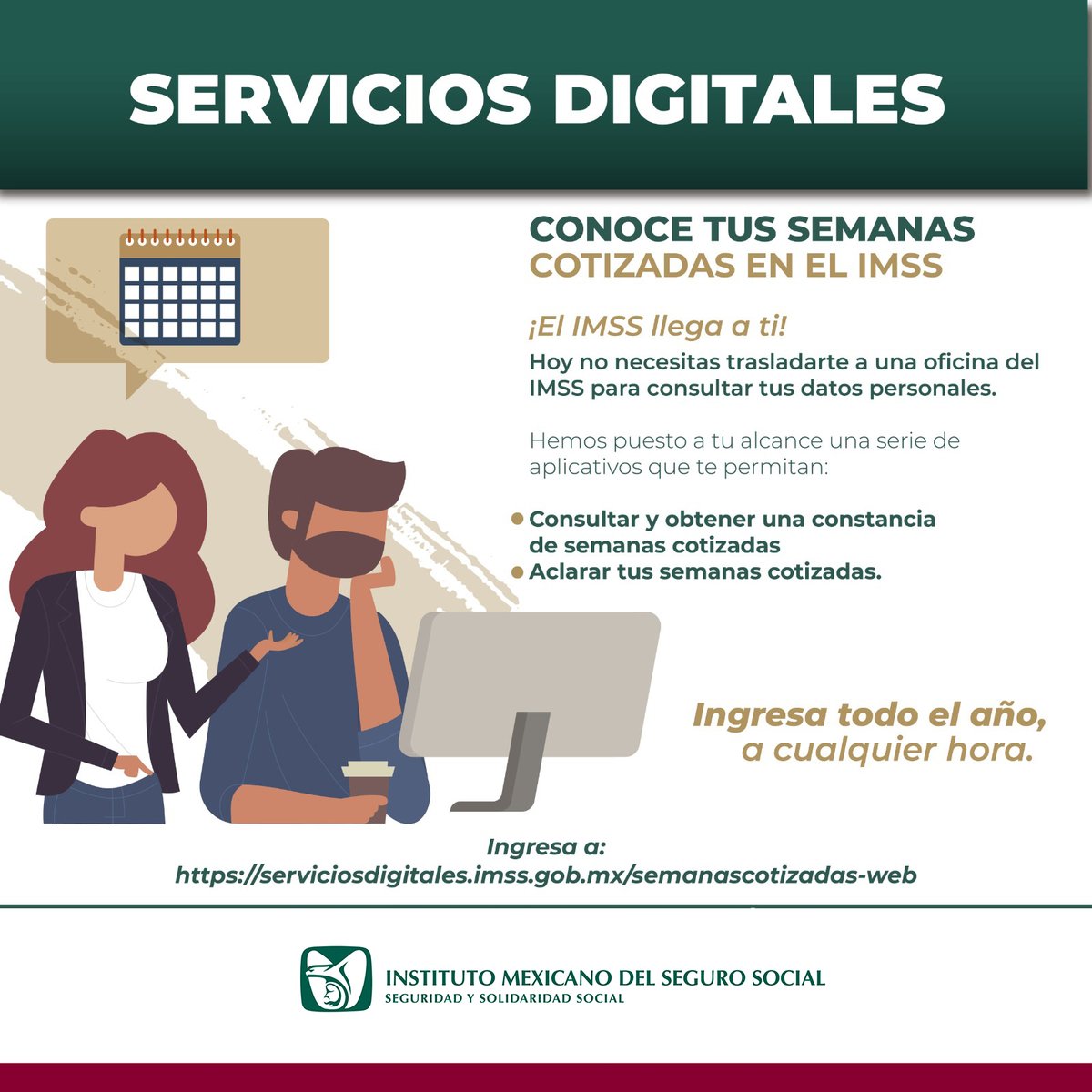 No necesitas trasladarte a una oficina del #IMSS para consultar tus datos personales. Conoce tus semanas cotizadas en el #IMSS. Ingresa a: serviciosdigitales.imss.gob.mx/semanascotizad…