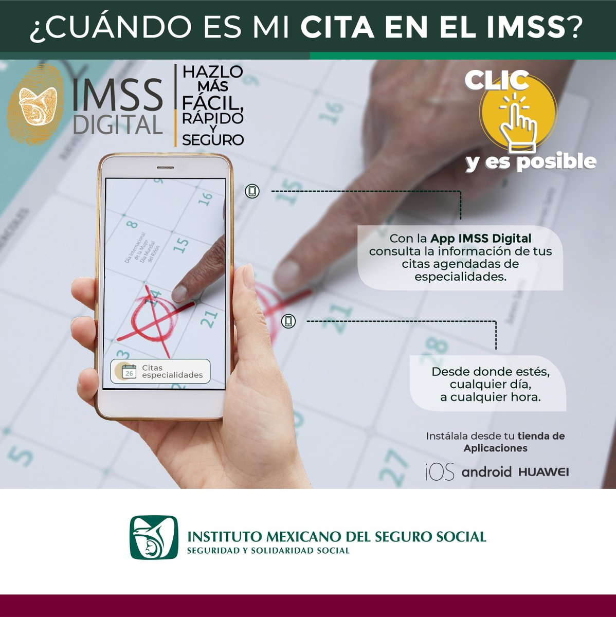 ¿Cuándo es mi cita en el IMSS?🗓️
¡Ahora con #IMSSDigital hazlo más fácil, rápido y seguro!😀
Con tu App IMSS Digital consulta la información de tus citas con tu médico familiar.🏥
Instala la App desde tu tienda de aplicaciones IOS, Android o Huawei.📱
#IMSS