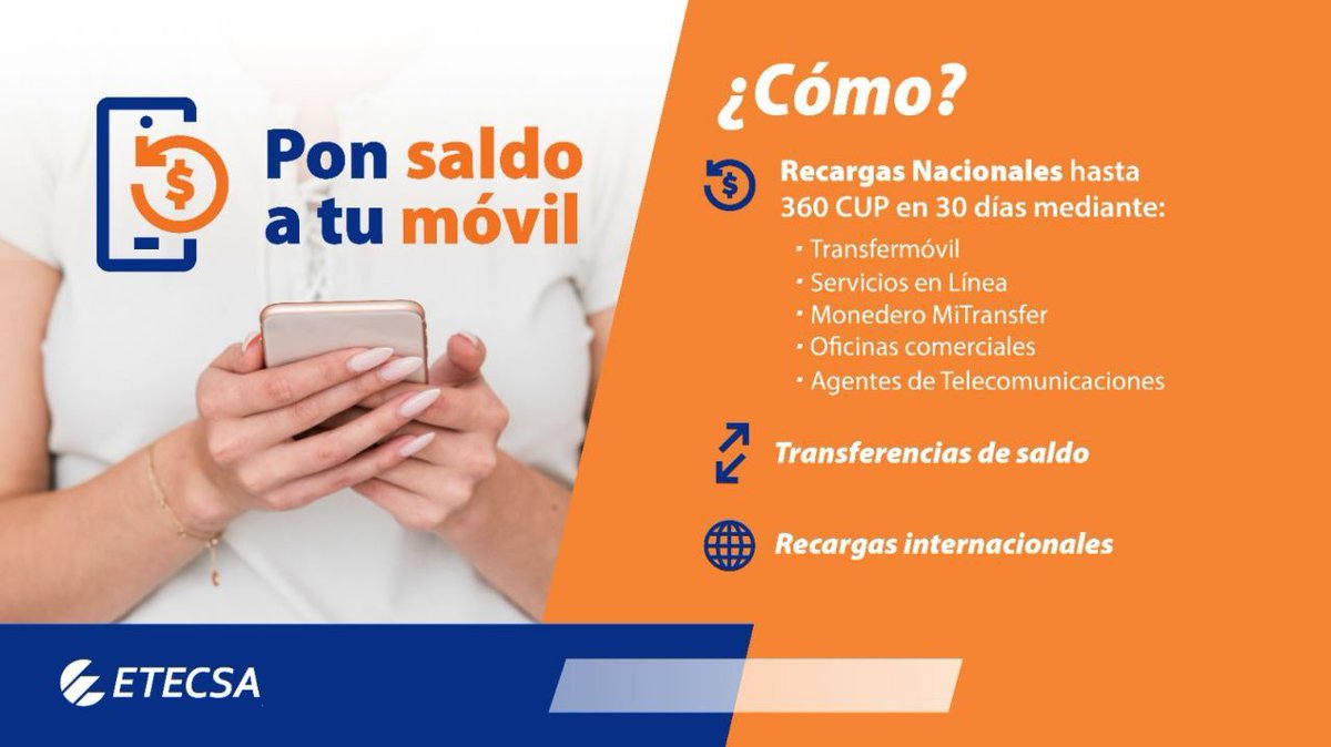 ¿Necesitas saldo?
Recargas nacionales para tu línea por diferentes vías, hasta 360 CUP en 30 días.🗓️
📍Suma saldo con transferencias o recargas del exterior.
#EtecsaConCuba