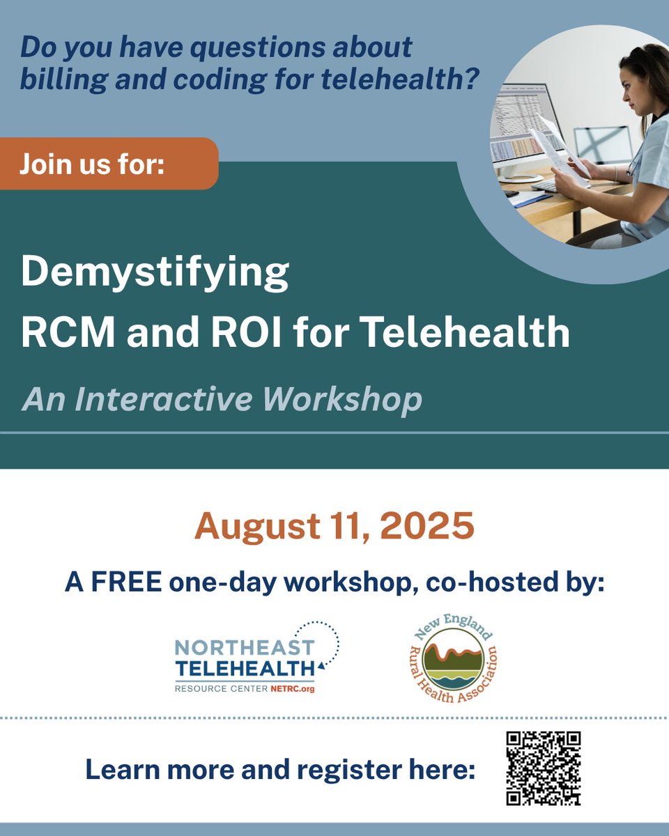 📢 Free Telehealth Workshop – Aug 11

Struggling with billing, RCM, or ROI in telehealth? Join us for an interactive workshop hosted by <a href="/NortheastTRC/">NortheastTRC</a>  &amp; NERHA! 

🗓️ Aug 11 | 💻 Online or 📍Hallowell, ME

🔗 Register: nerha.org/events/0yrk4t4… 

#Telehealth #RCM #ROI #DigitalHealth