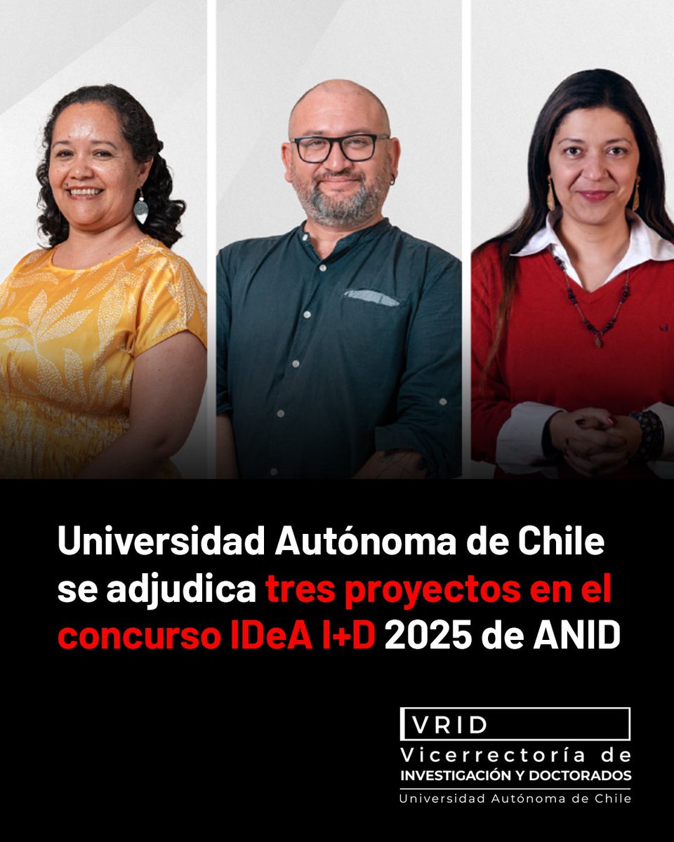 Vicerrectoría de Investigación y Doctorados UA (@uainvestigacion) on Twitter photo La <a href="/autonomadechile/">Universidad Autónoma de Chile</a> se adjudicó tres proyectos IDeA I+D 2025 impulsada por ANID: Red Comunal (Dr. Marco Cereceda), reciclaje de plásticos peligrosos (Dra. Nora Restrepo) y bioinsumo agrícola Coold Yeast (Dra. Marlen Barreto).
🔗Más detalles aquí: uautonoma.cl/noticias/unive… La <a href="/autonomadechile/">Universidad Autónoma de Chile</a> se adjudicó tres proyectos IDeA I+D 2025 impulsada por ANID: Red Comunal (Dr. Marco Cereceda), reciclaje de plásticos peligrosos (Dra. Nora Restrepo) y bioinsumo agrícola Coold Yeast (Dra. Marlen Barreto).
🔗Más detalles aquí: uautonoma.cl/noticias/unive…