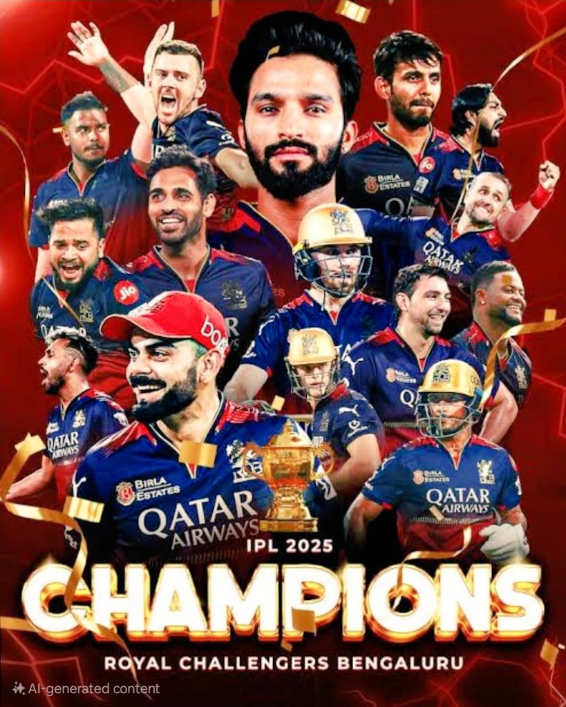 🏆 ಈಸಲ ಕಪ್ ನಮ್ದು 🏆
ಹದಿನೆಂಟು ವರ್ಷಗಳ ಕಾಯುವಿಕೆ ಗೆಲುವಿನೊಂದಿಗೆ ಮುಕ್ತಯ 🙏🏻 ಆರ್ ಸಿ ಬಿ ತಂಡದ ಎಲ್ಲರಿಗೂ ಅಭಿನಂದನೆಗಳು ಹಾಗೂ ಧನ್ಯವಾದಗಳು 💐🙏🏻 
💐ಜೈ ಆರ್ ಸಿ ಬಿ 💐