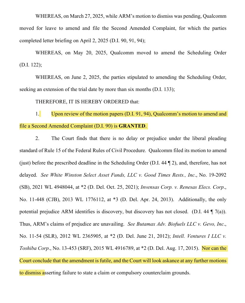 MyTechMusings's tweet photo. Some more action on #qcomarm case today...
It seems Judge is getting tired/even annoyed...
She has:
1. Accepted @Qualcomm's amended claim
2. Denied @Arm's motion to dismiss the earlier claim as it is amended
3. Will "look askance" at $arm's future motions to dismiss - i.e., look with suspicion/disapproval (had to look up that one in dictionary π)
4. Denied $qcom's request to extend the trial date
As I had noted in my #TantraNotes #blog from the courthouse during trial, she had felt this case shouldn't have come to this stage... Check out those blogs here: https://t.co/3E979L3yhv
#licensing #patents