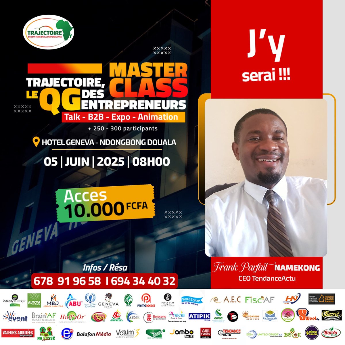 Je serai à Douala ce jeudi 05 juin 2025 en tant que partenaire média avec <a href="/TendanceActu/">TendanceActu</a>, pour le Master Class organisé par Trajectoire vitrine des marques à l'hôtel Genèva.

Il y aura aussi des hommes et femmes qui façonnent l'écosystème entrepreneurial au Cameroun et en Afrique.