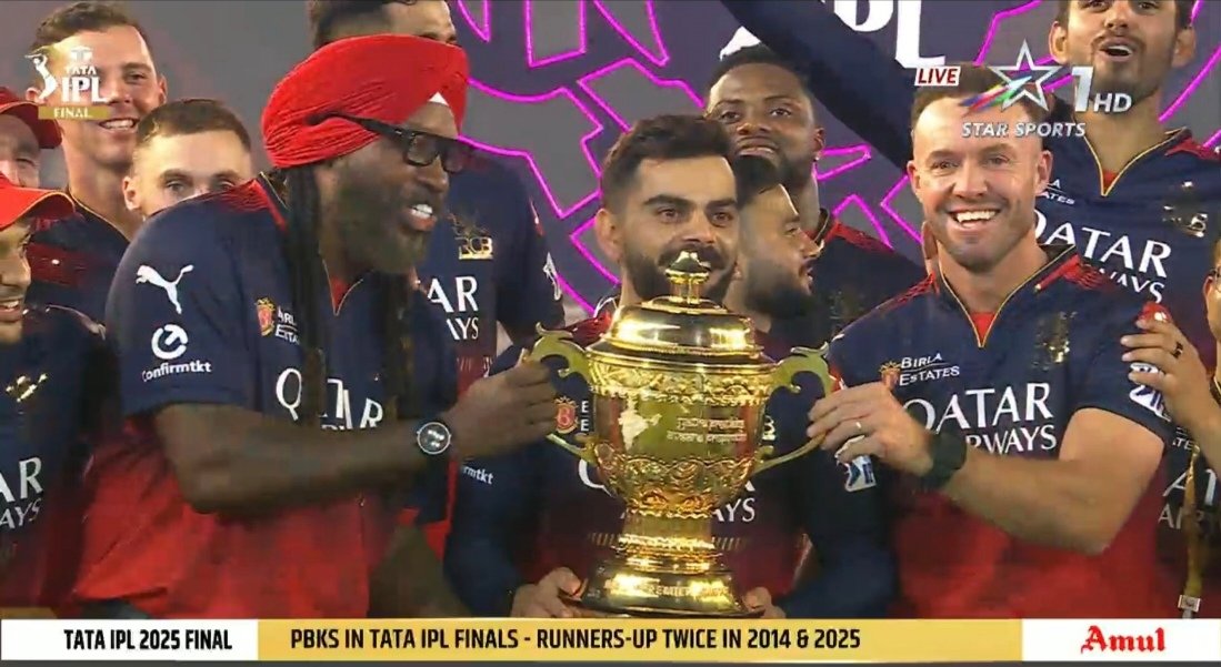 imrajaaa_'s tweet photo. The moment every RCBians waited for,
Jersey no. 18 lifts the trophy in the 18th Edition of the IPL.
Congratulations @RCBTweets 
Ee sala cup Namdu ❤️ 
#IPLFinal #IPL2025 #Champions https://t.co/vp3do6lNG6
