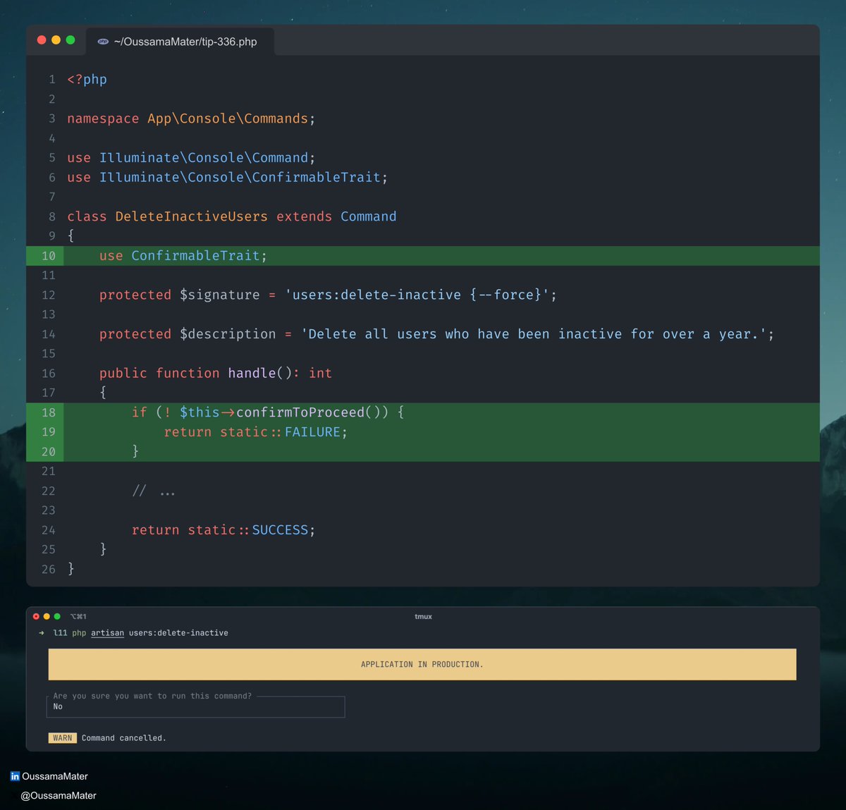 Laravel Tip 💡: Confirm to Proceed

Need to confirm before running a command? Laravel ships with the "ConfirmableTrait" for that exactly. Just call "confirmToProceed()" for confirmation, and skip the prompt anytime with the "--force" option 🚀

#laravel