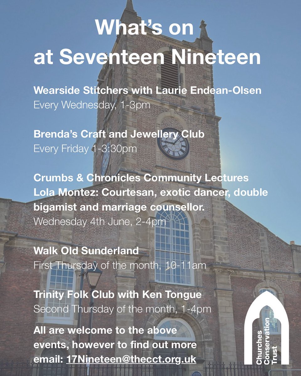 Crafting, risqué lectures 💃, folk music &amp; tours…hello June!
🪡Wearside Stitchers, Wednesdays 1-3pm 
💍Craft &amp; Jewellery Club, Fridays 1-3:30pm 
💋Community Lecture, 4th June, 2-4pm
🚶Walk Old Sunderland, 1st Thurs of the month
🎶Trinity Folk Club 2nd Thurs of the month, 1-4pm