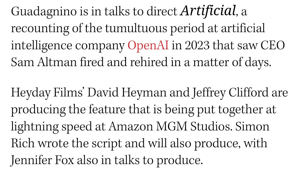 Amazon is making a movie about the events involving OpenAI's board in 2023. Looks like Sam Altman may be played by Andrew Garfield.