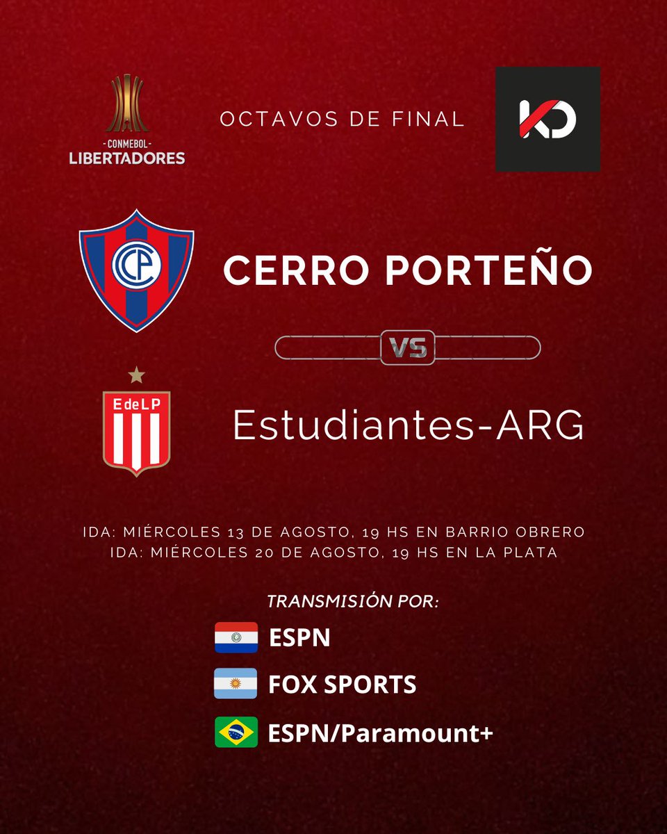 ⚽️‼️ #CONMEBOL confirma días y horarios para la serie #CerroPorteño 🆚 Estudiantes 🇦🇷 por Octavos de  #Libertadores

🏠 IDA: Miércoles 13/08
⌚️ 19:00 hs 🇵🇾
🏟️ #LaNuevaOlla 

✈️ VUELTA: Miércoles 20/08
⌚️ 19:00 hs 🇵🇾
🏟️ Estadio UNO (La Plata)