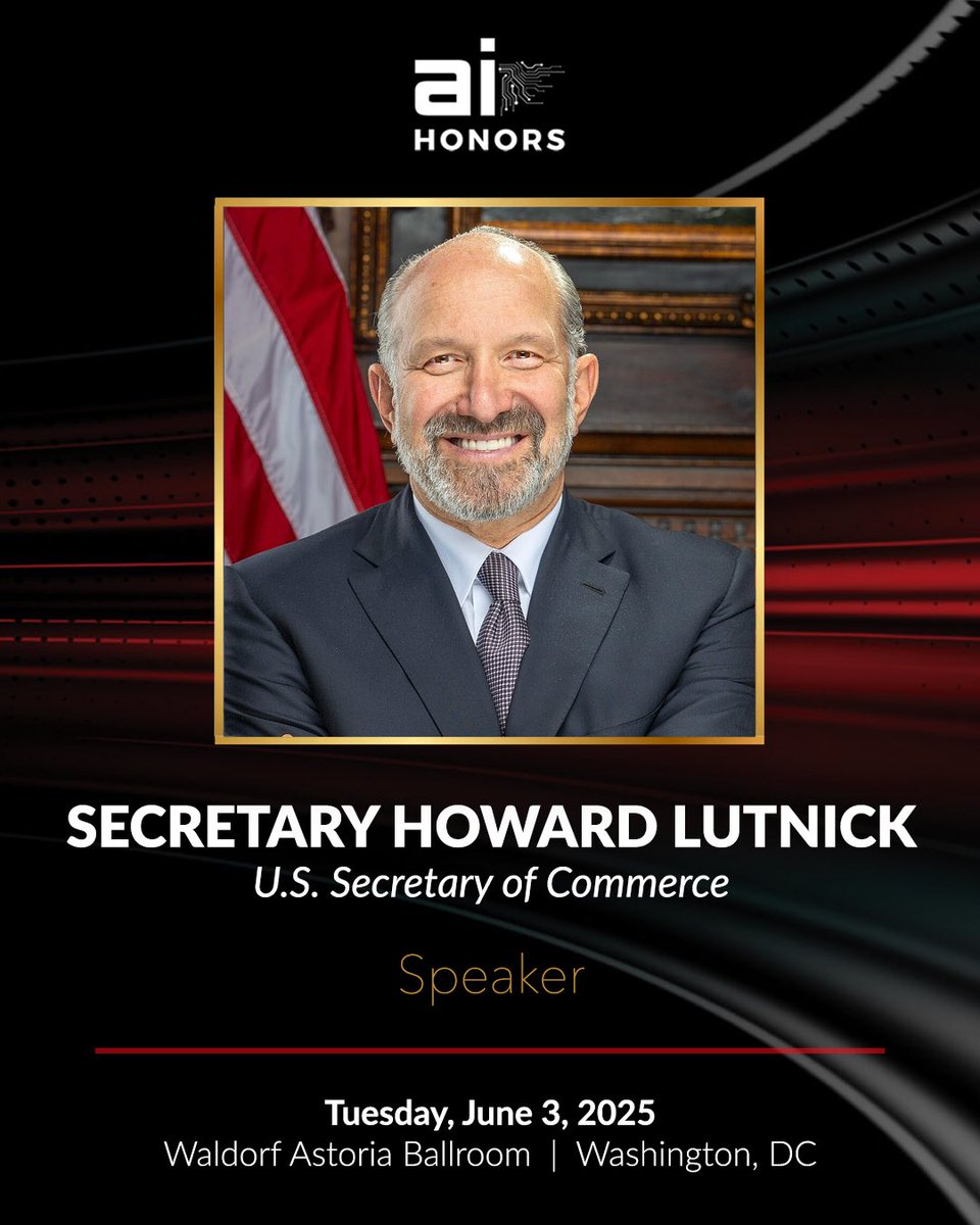 Washington AI Network (@washingtonainet) on Twitter photo Just announced: Secretary of Commerce <a href="/howardlutnick/">Howard Lutnick</a> will take the stage tonight at the #AIHonors to spotlight how AI is empowering U.S. innovation and the future of American competitiveness.
More: aihonors.us Just announced: Secretary of Commerce <a href="/howardlutnick/">Howard Lutnick</a> will take the stage tonight at the #AIHonors to spotlight how AI is empowering U.S. innovation and the future of American competitiveness.
More: aihonors.us