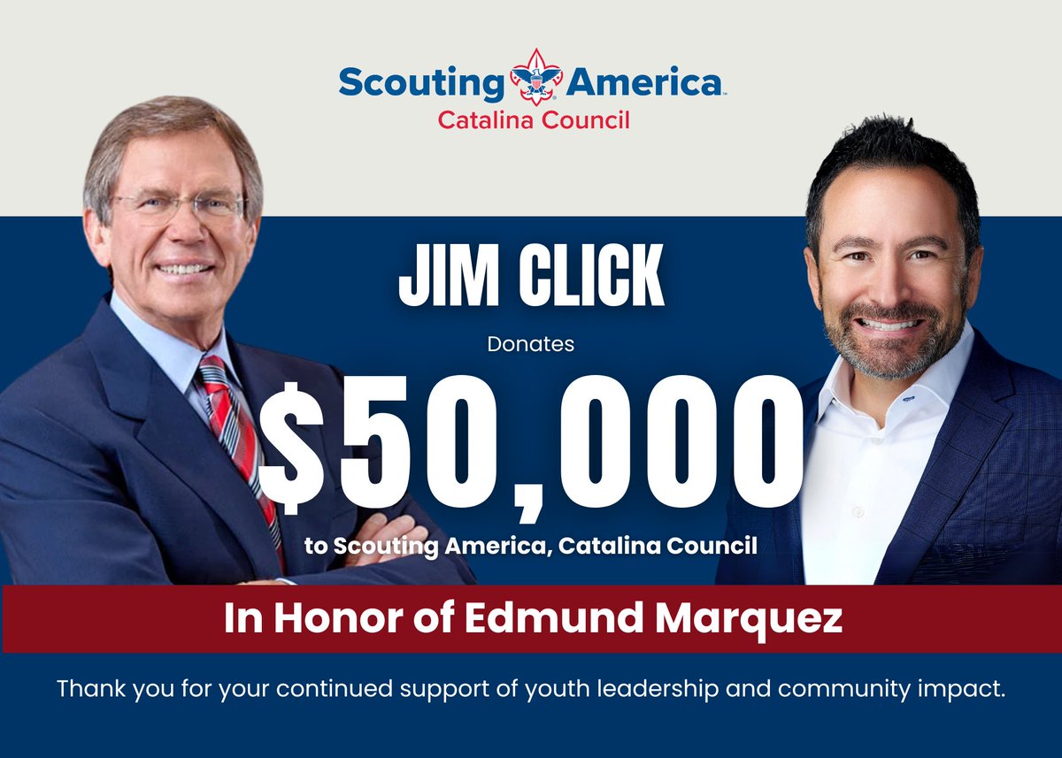 catalinacouncil's tweet photo. A huge thank you to Jim Click for a $50,000 gift in honor of 2025 Distinguished Citizen Edmund Marques! 💙

His generosity helps us expand Scouting’s impact across Southern Arizona.

#JimClick #EdmundMarques #ScoutingStrong #CatalinaCouncil https://t.co/cGTxVjAHvT