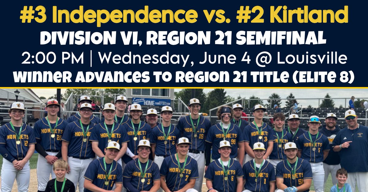 Kirtland Hornet Stat Crew (@hornetstatcrew) on Twitter photo #2 seed Kirtland Baseball will square off against #3 seed Independence in a D6 Region 21 semifinal Wednesday, June 4th at 2pm at Louisville.
Come support the Hornets as they pursue their first regional title appearance in school history! ⚾️
#HornetPride🐝
<a href="/KLSDSupt/">Chad VanArnhem, Ed.D.</a> #2 seed Kirtland Baseball will square off against #3 seed Independence in a D6 Region 21 semifinal Wednesday, June 4th at 2pm at Louisville.
Come support the Hornets as they pursue their first regional title appearance in school history! ⚾️
#HornetPride🐝
<a href="/KLSDSupt/">Chad VanArnhem, Ed.D.</a>