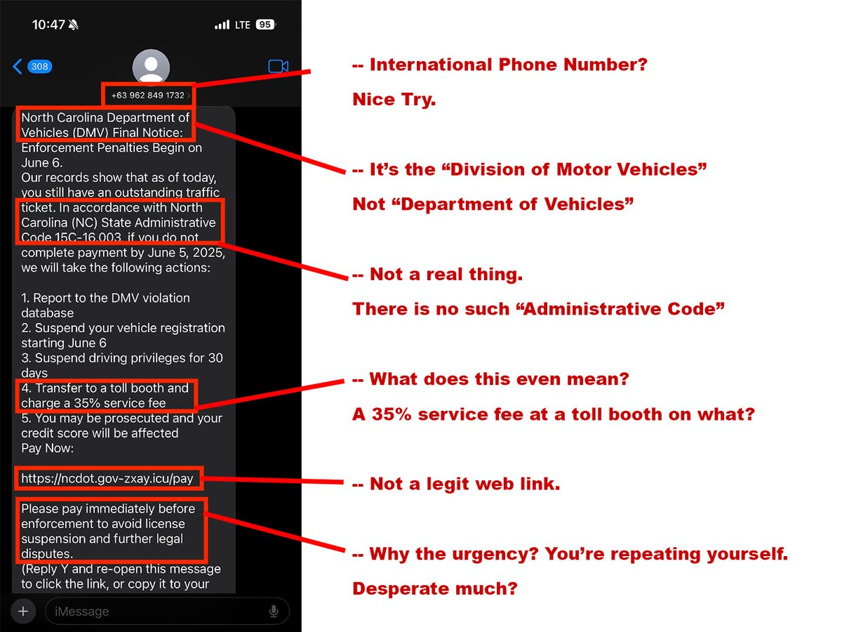 🚨 SCAM ALERT 🚨 
No, the #NCDMV is not texting you from the Philippines demanding you pay money for a past ticket. 

There is so much wrong with this scam text. Don't fall for it.