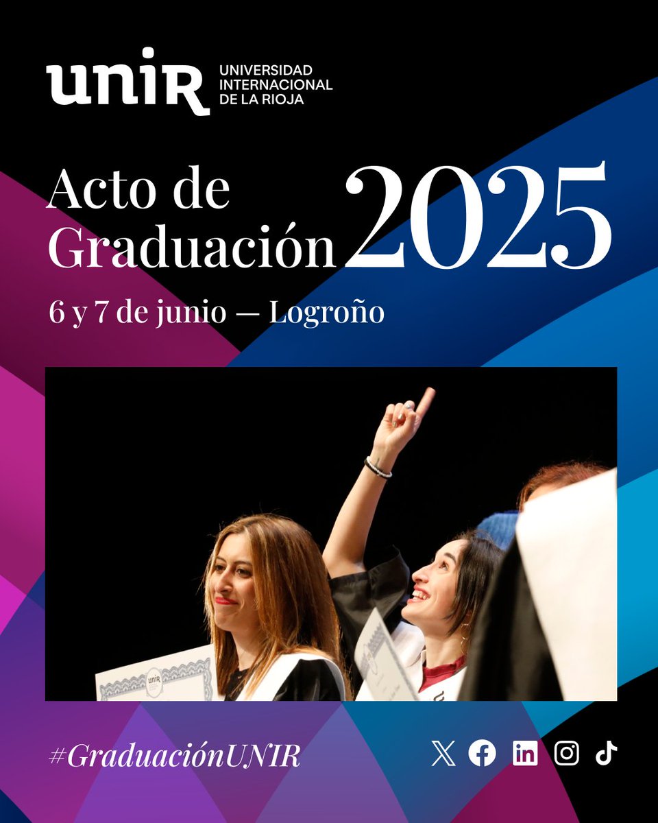 🎓 ¡En cuenta atrás para la #GraduaciónUNIR! ✨ 🔜 El 6 y 7 de junio viviremos uno de los momentos más emotivos del año.

📌 Lee la NOTICIA, conoce los detalles ¡y síguelo online!
👉 bit.ly/previagraduaci…

👩‍🎓👨‍🎓 Casi un millar de estudiantes de Grado y Másteres Universitarios