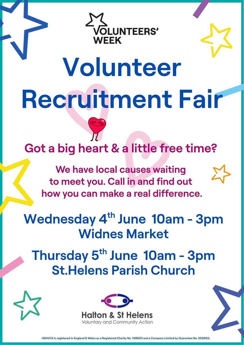 St.Helens Connected (HSHVCA) (@sthconnected) on Twitter photo ⭐️Help us celebrate #VolunteersWeek.⭐️ Please share to your contacts in #halton and #sthelens and don't miss this opportunity to join HSHVCA at one (or both!) of our Volunteer Recruitment Fairs at either Widnes Market, tomorrow or #sthelensparishchurch on Thursday. ⭐️Help us celebrate #VolunteersWeek.⭐️ Please share to your contacts in #halton and #sthelens and don't miss this opportunity to join HSHVCA at one (or both!) of our Volunteer Recruitment Fairs at either Widnes Market, tomorrow or #sthelensparishchurch on Thursday.