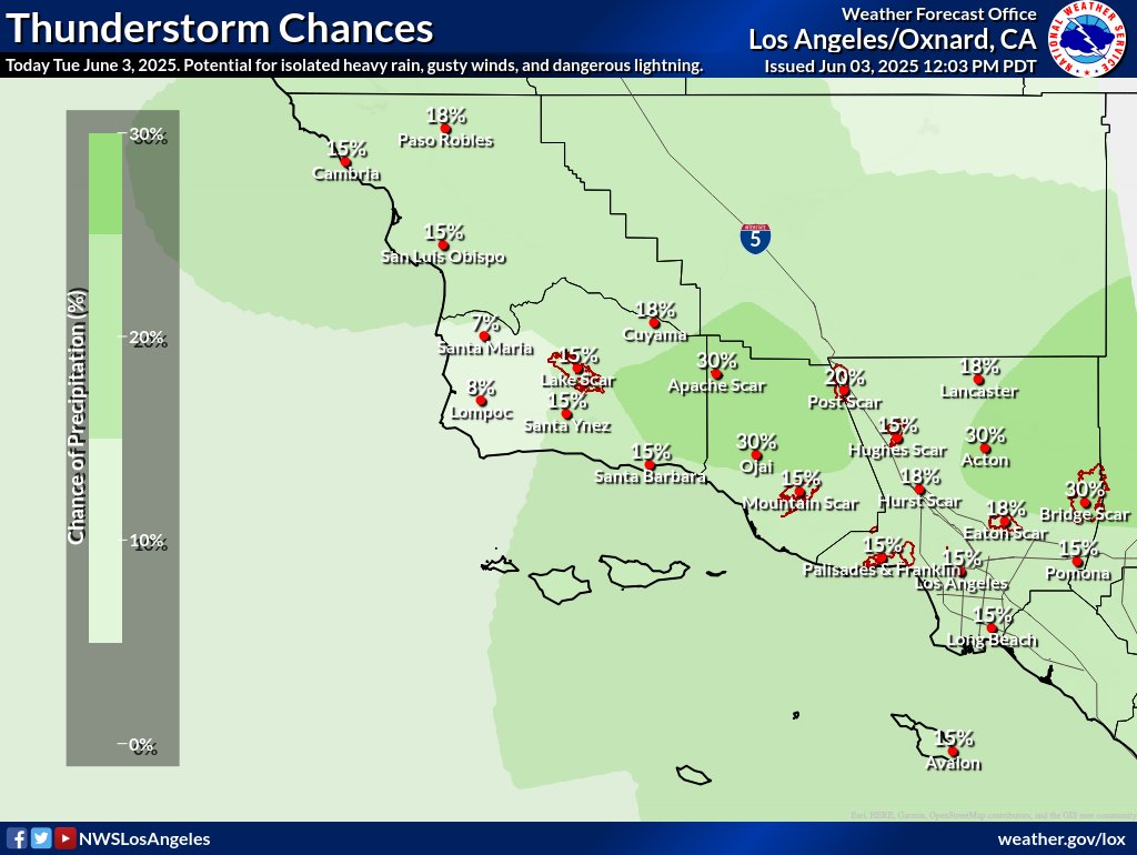 Thunderstorm chances will continue across SoCal thru today. Highest chances will be for the mountains of Los Angeles, Ventura, and Santa Barbara Counties. Potential impacts include lightning, downburst winds, and flash flooding with greatest threat over the Bridge Burn Scar #cawx