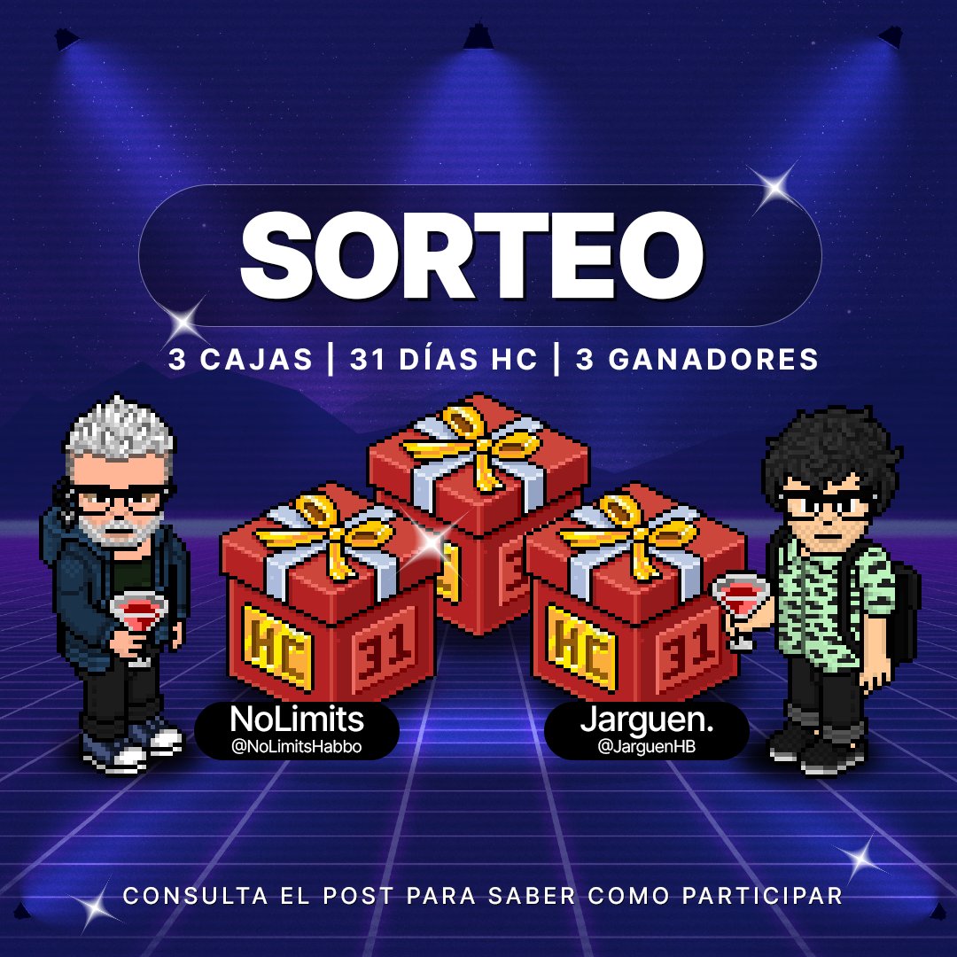 NoLimitsHB's tweet image. 🎉 ¡SORTEO! 🎉
¡Habrá 3 GANADORES! 🔥

👣 Para participar:
✅ Sigue a @NoLimitsHabbo y @JarguenHB
✅ Like + RT
✅ Comenta tu Habbo nombre

🎁 Premio: 3 cajas HC (3 ganadores)
📅 Hasta el 10 de junio

¡Suerte! 🍀 Nos vemos en el hotel 🏨
#Habbo