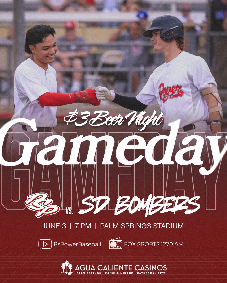𝐆𝐀𝐌𝐄 𝐃𝐀𝐘𝐘𝐘𝐘𝐘𝐘 💣

🆚 San Diego Bombers
⏰ 7 PM PT
🍻 $3 Budweiser &amp; Bud Lights!
📍 Palm Springs Stadium
📺 YouTube // <a href="/PSPowerBaseball/">Palm Springs Power</a> 
📻 @foxsportsps // FOX Sports 1270AM

#PowerUp⚡️