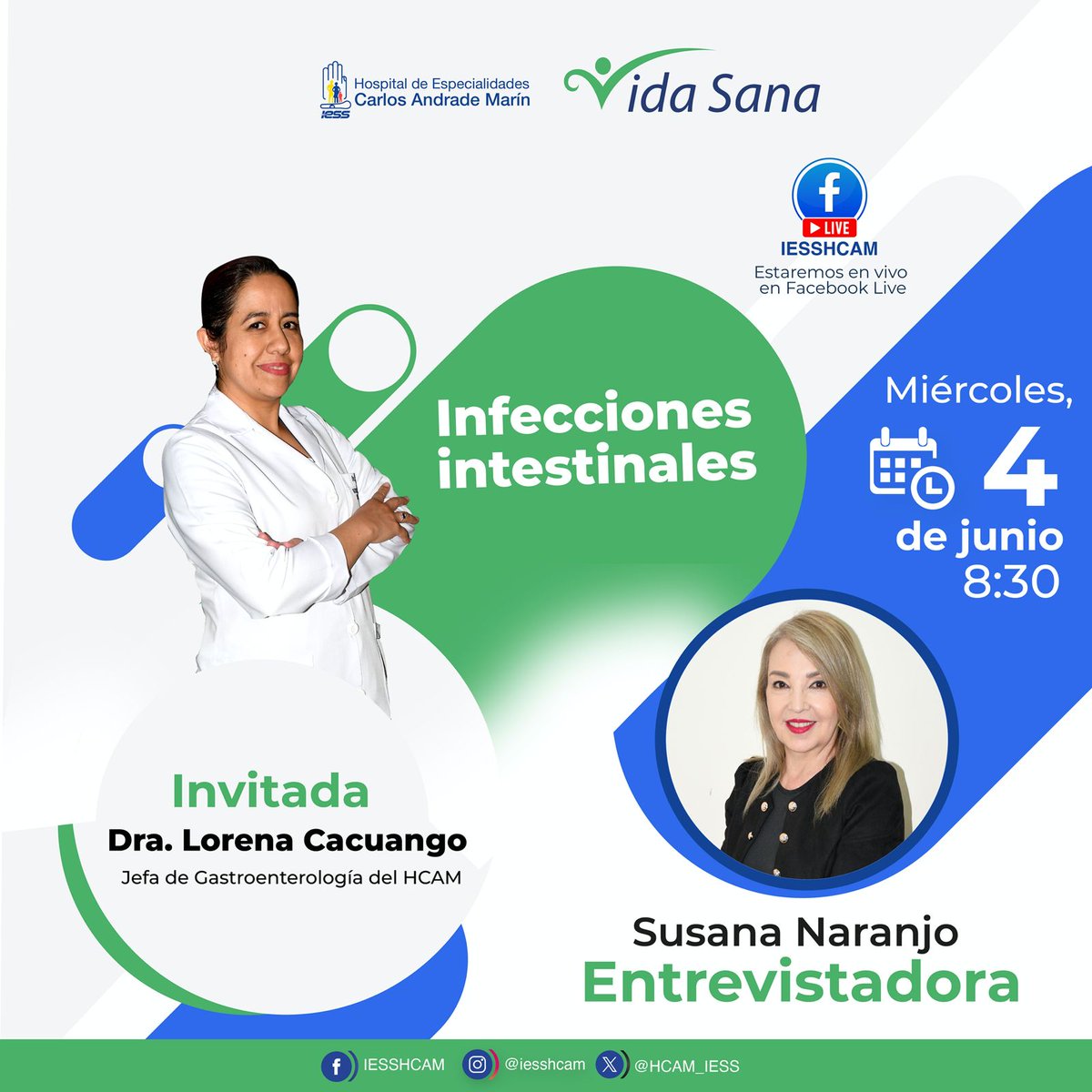 #IESSteInforma | ¡Únete a nuestro programa Vida Sana! Dra. Lorena Cacuango abordará el tema "Infecciones intestinales". 🗣️ 📷 Tu salud y bienestar son nuestra prioridad.  No te lo pierdas ¡Te esperamos en nuestro Facebook Live! 📷