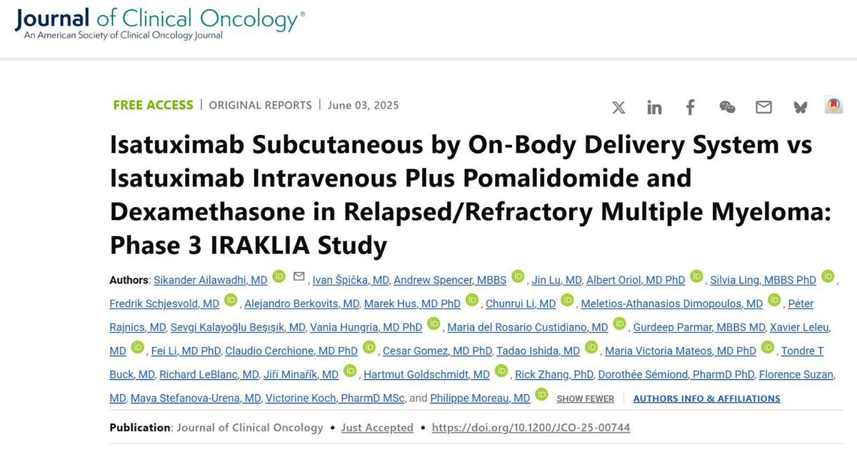 Claudio Cerchione (@dottorclaudio) on Twitter photo Dear friends,
Oral Comunicazione at <a href="/ASCO/">ASCO</a> in Chicago and published on JCO the phase 3 clinical trial IRAKLIA - subcutaneous administration of Isatuximab, brilliantly contributed by <a href="/IRSTDinoAmadori/">IRST "Dino Amadori" IRCCS</a>
<a href="/sohoitaly/">sohoitaly</a>
<a href="/SocietyofHemOnc/">Society of Hematologic Oncology (SOHO)</a>
<a href="/MDAndersonNews/">MD Anderson Cancer Center</a>
<a href="/AIL_ets/">AIL - Ass. Italiana Leucemie linfomi e mieloma</a>
#dottorClaudio #ASCO25 Dear friends,
Oral Comunicazione at <a href="/ASCO/">ASCO</a> in Chicago and published on JCO the phase 3 clinical trial IRAKLIA - subcutaneous administration of Isatuximab, brilliantly contributed by <a href="/IRSTDinoAmadori/">IRST "Dino Amadori" IRCCS</a>
<a href="/sohoitaly/">sohoitaly</a>
<a href="/SocietyofHemOnc/">Society of Hematologic Oncology (SOHO)</a>
<a href="/MDAndersonNews/">MD Anderson Cancer Center</a>
<a href="/AIL_ets/">AIL - Ass. Italiana Leucemie linfomi e mieloma</a>
#dottorClaudio #ASCO25