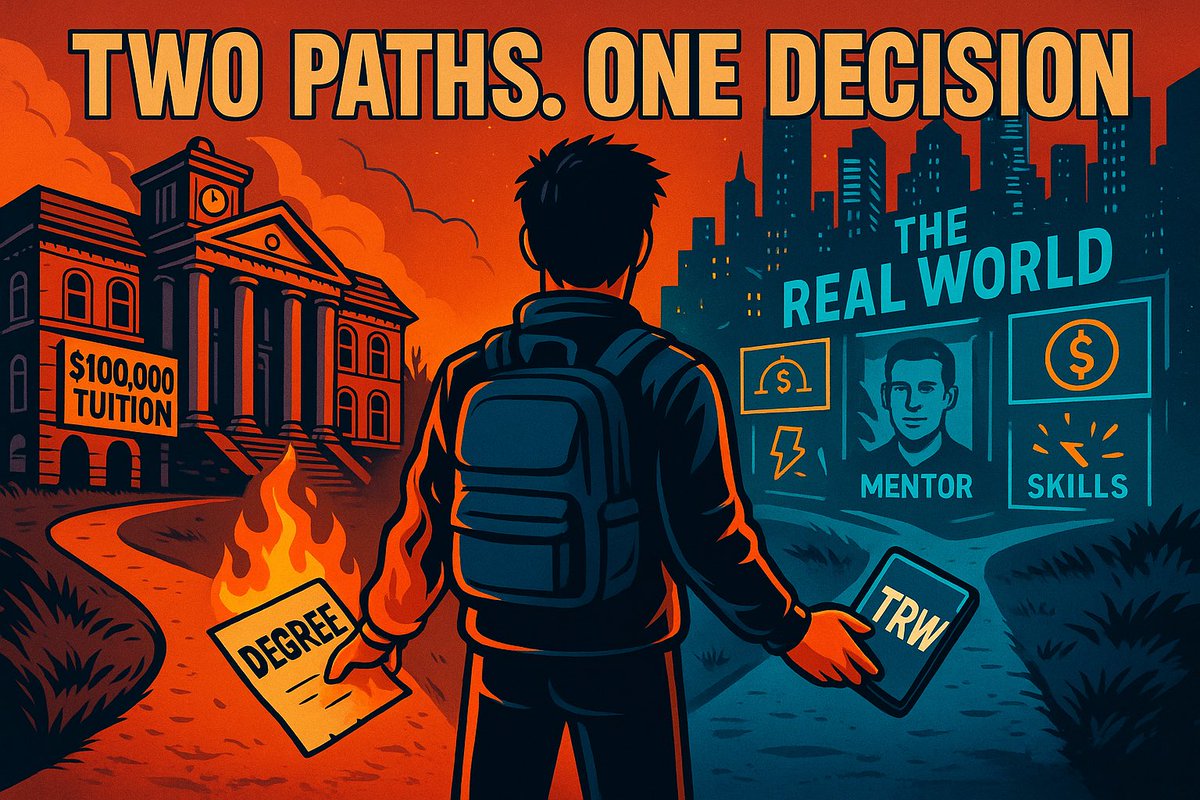 The traditional education system is COMPLETELY BROKEN.

Everyone with ANY level of success knows it.

Here’s the difference between the dream they sell you…

And what ACTUALLY works: 🧵