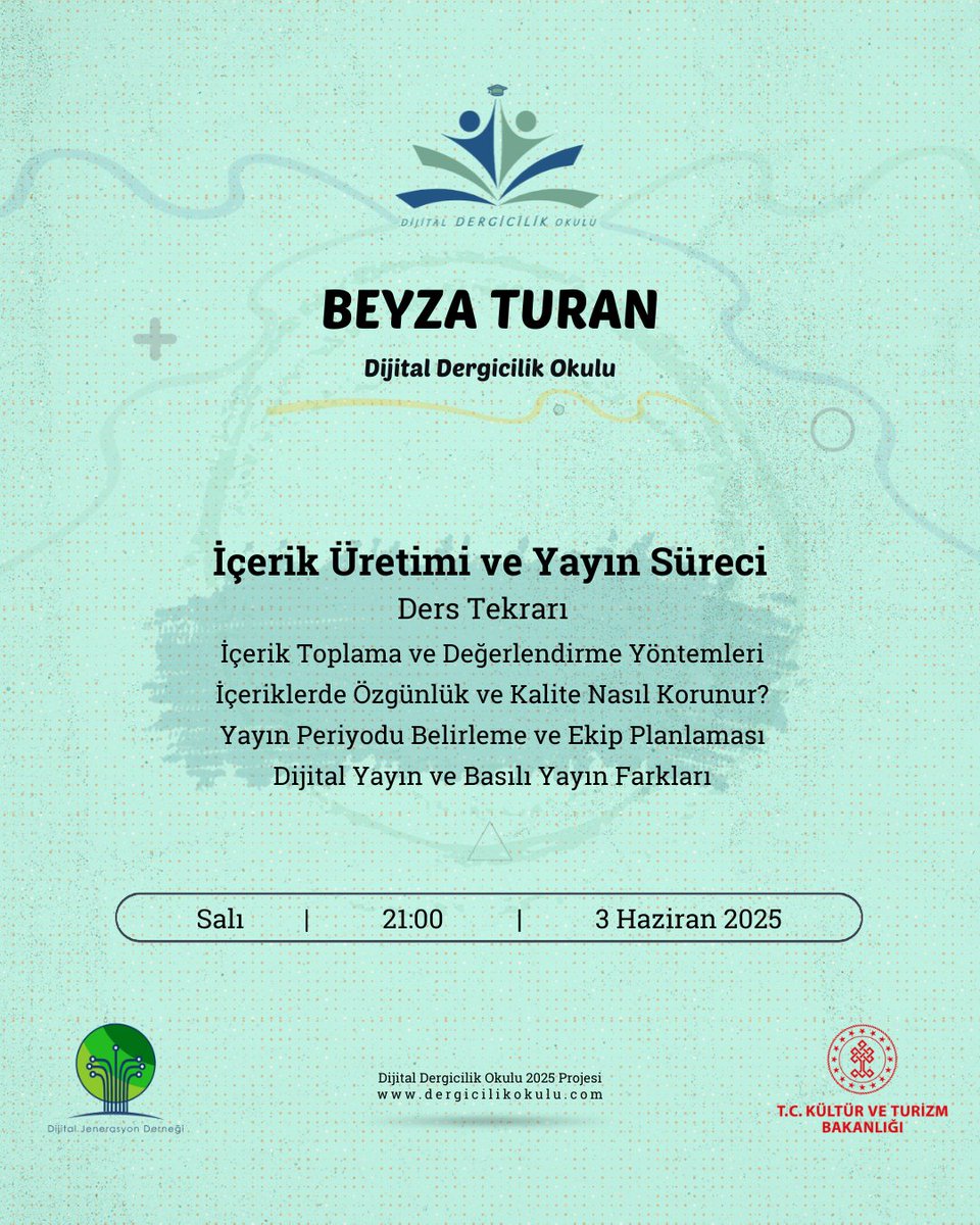 Beyza Turan ile İçerik Üretimi ve Yayın Süreci dersimizle;

Ders Tekrarı
İçerik Toplama ve Değerlendirme Yöntemleri
İçeriklerde Özgünlük ve Kalite Nasıl Korunur?
Yayın Periyodu Belirleme ve Ekip Planlaması
Dijital Yayın ve Basılı Yayın Farkları

📅 3 Haziran 2025, Salı
🕘 21:00