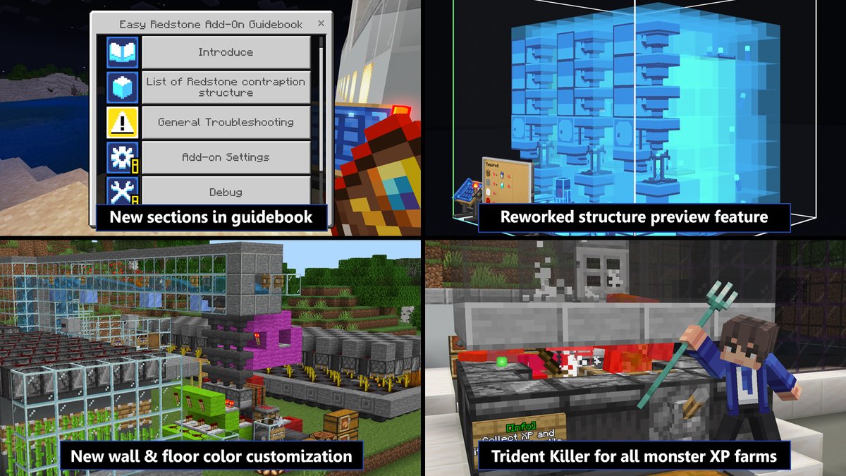 🎉Easy Redstone Add-On v1.0.3 is out now on Marketplace!
This update brings major improvements to performance, customization, and contraption stability.

- Reworked the structure preview feature
- Added Trident Killer option for all monster XP farms
- Added floor customization &amp;