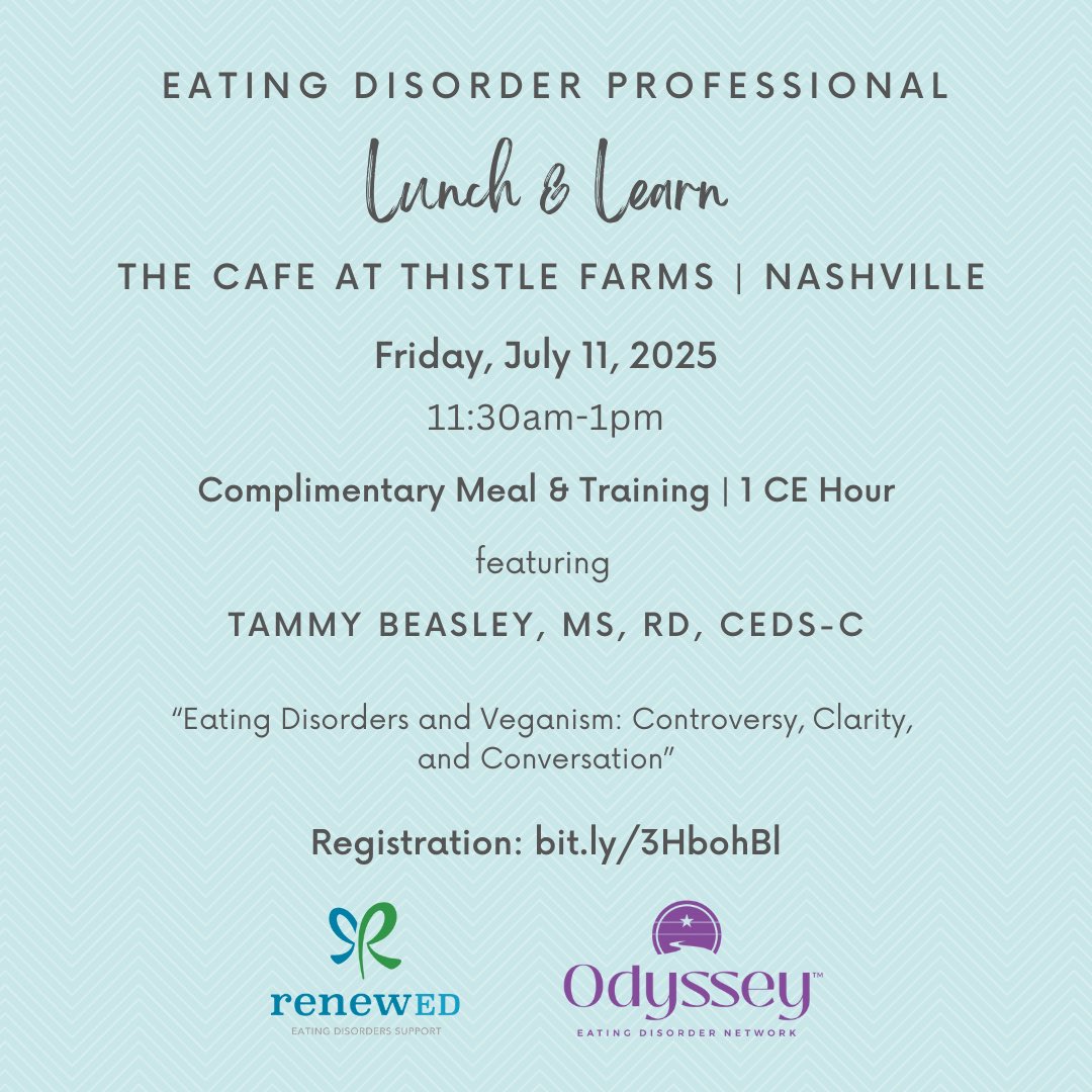 Make plans to join Renewed and Odyssey Eating Disorder Network for a complimentary CE (NASW, NBCC &amp; TAND) lunch &amp; learn featuring Tammy Beasley, MS, RD, CEDS-C!

bit.ly/3HbohBl