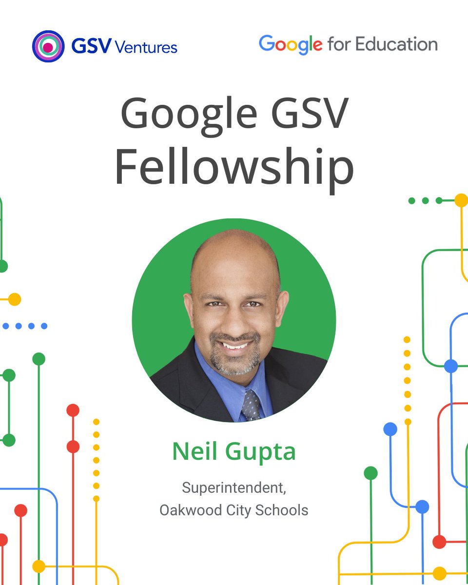 I've been selected for the Google GSV Education Innovation Fellowship! I'll join 31 other creative K-12 leaders in exploring transformational opportunities for our districts through collaboration, mentorship, early-access technology, and more! <a href="/Google/">Google</a> @GSV Ventures <a href="/asugsvsummit/">ASU+GSV</a>