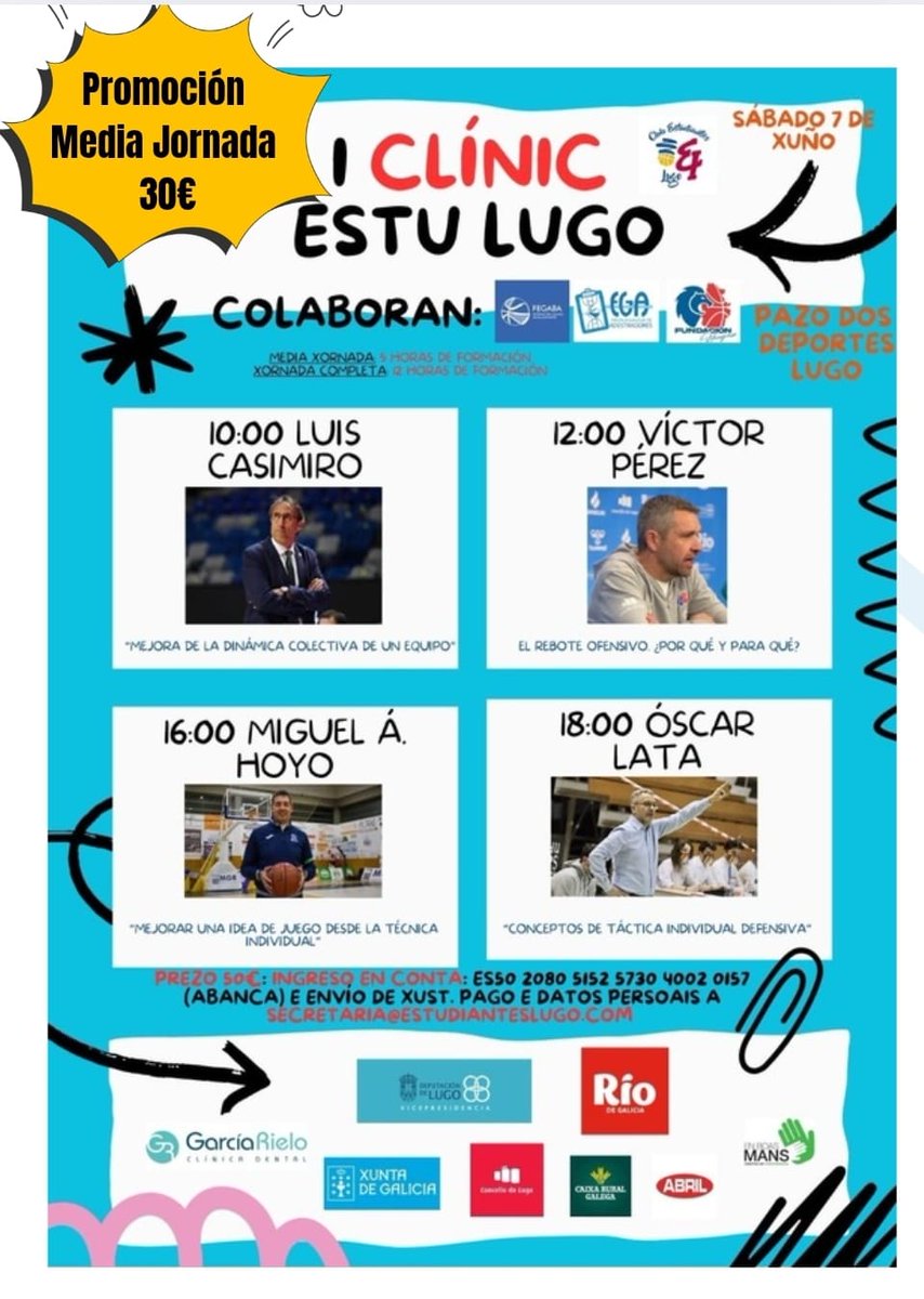 I Clínic EstudiantesLugo

7️⃣ de xuño 
📍Pazo dos Deportes Lugo Colaboración da Escola Galega de Adestradores e validación horaria para o alumnado EGA
🏀🏀🏀
