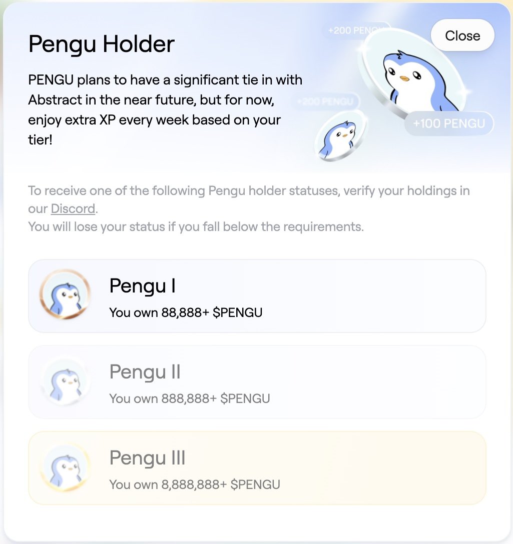 Just hit Pengu Holder I on <a href="/AbstractChain/">Abstract</a> 🐧💎
Holding 88,888+ $PENGU
Let’s see how far we can take this…
