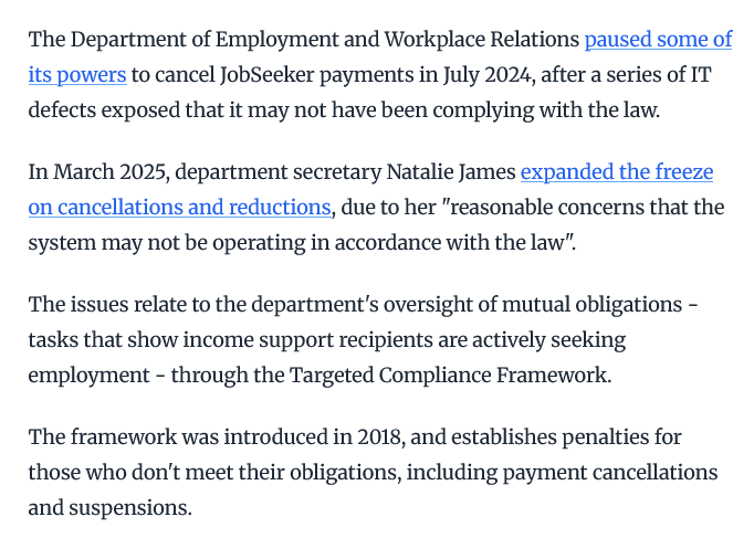 maximumwelfare's tweet image. 🚨 You wouldn't know a damn thing about it from this tweet, but this is massive news. I can't tell you how thrilled I am to hear it.

The Commonwealth Ombudsman has expanded the scope of their investigation into legal issues of the current mutual obligations compliance framework.