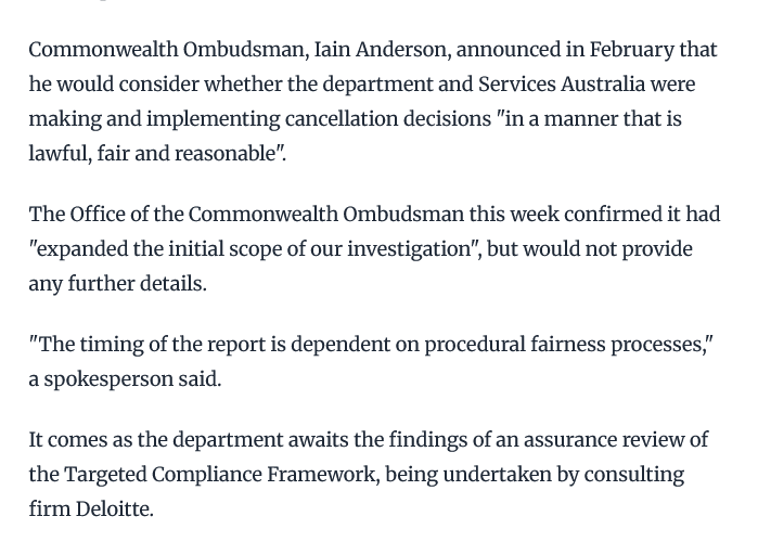maximumwelfare's tweet image. 🚨 You wouldn't know a damn thing about it from this tweet, but this is massive news. I can't tell you how thrilled I am to hear it.

The Commonwealth Ombudsman has expanded the scope of their investigation into legal issues of the current mutual obligations compliance framework.