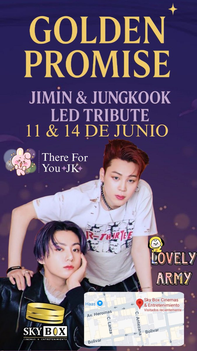 thereforyoujk's tweet photo. 🪖𝆬⃝𝆬⃝♡ GOLDEN PROMISE 
 
There For You •JK• y Lovely Army te invitan a celebrar el regreso de Jimin y JK ✨

📍 LED Celebration: 

— Sky Box Cinema Heroínas y Anteza (https://t.co/8AtzufyVgd)

📅  11 y 14 de junio del 2025 

TODO EL DÍA 

#JUNGKOOK #JungkookIsComingBack https://t.co/WOkpB968In