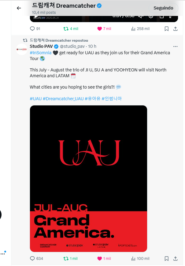 Atualização: O perfil oficial do Dreamcatcher/UAU deu rt no post do Studio PAV, confirmando a provável tour na America (países ainda não anunciados) 

#UAU #유아유 #Playlist #You_Are_You <a href="/hf_dreamcatcher/">드림캐쳐 Dreamcatcher</a>
